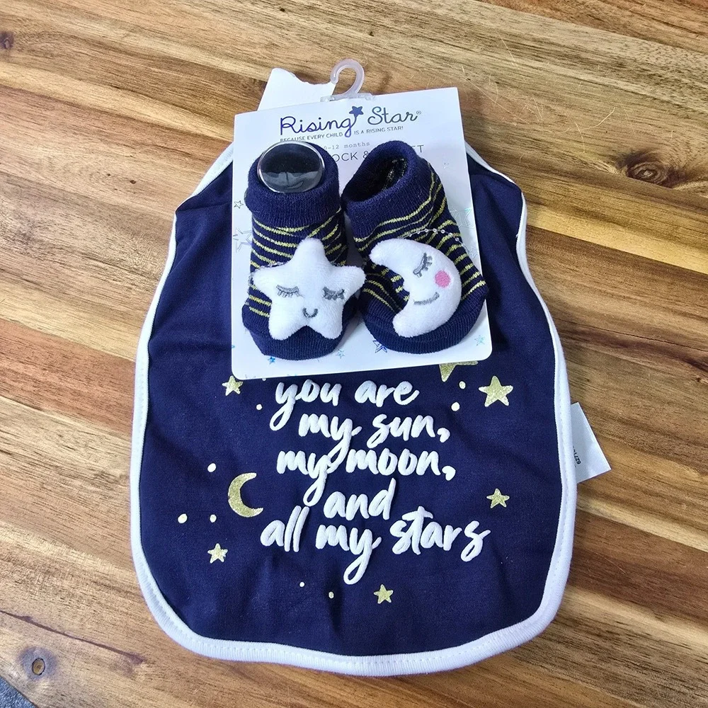 Rising‎ Star Infant Sock & Bib Set Celestial Moon Stars 0-12 months Navy Blue